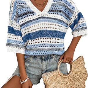 Blue and White Crochet Knit Top